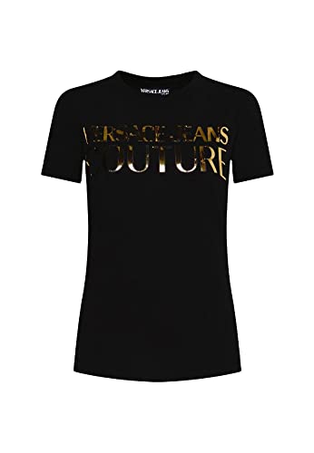 Versace Jeans Couture - Camiseta vaquera para mujer de manga corta con logotipo dorado frontal para mujer, Negro+900, XS