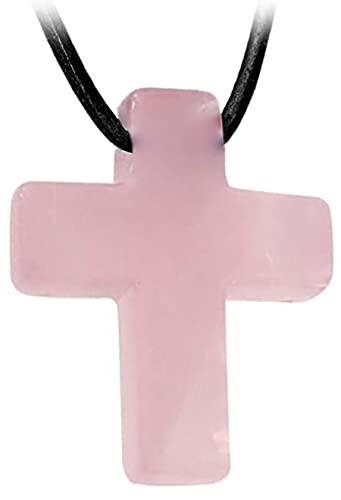 Kaltner Präsente Idea de regalo – Collar de cuero para hombre y mujer con colgante de cruz de piedra preciosa de cuarzo rosa (25 x 20 mm).