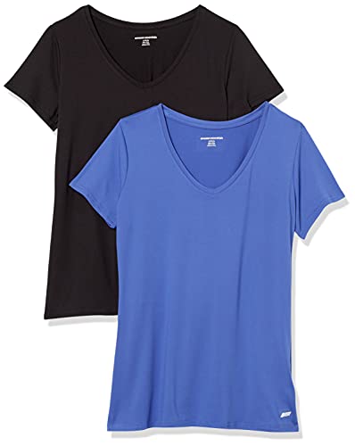 Amazon Essentials Camiseta técnica elástica de Manga Corta y Cuello en Pico (Disponible en Tallas Grandes) Mujer, Pack de 2, Azul Brillante/Negro, L
