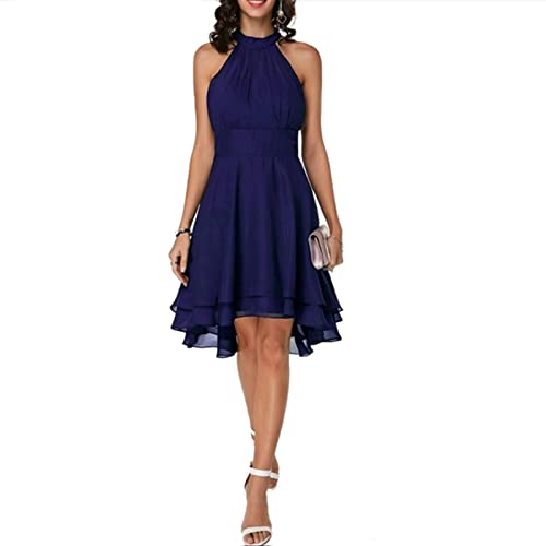 XKUN Vestido de mujer elegante halter sin mangas recortado vestido midi en capas de gasa de verano color sólido cintura alta slim fit vestidos de fiesta-azul marino, XL