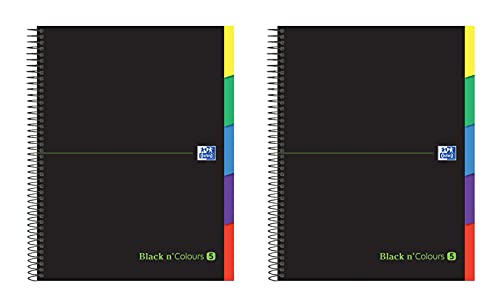 Oxford Black N'Colours, Cuadernos A4+, Microperforado, Tapa Extradura, 100 Hojas, Cuadrícula 5 x 5, Pack 2 libretas, 5 pestañas