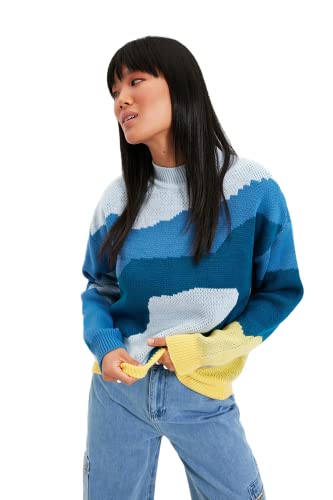 Trendyol Suéter Regular con Estampado de Cuello Alto Sudadera, Azul, M para Mujer