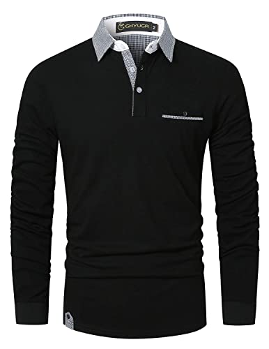 GHYUGR Polo Hombre Manga Larga Camiseta Deporte Clásico Elegante Cuadros Cuello T-Shirt,Negro,XL