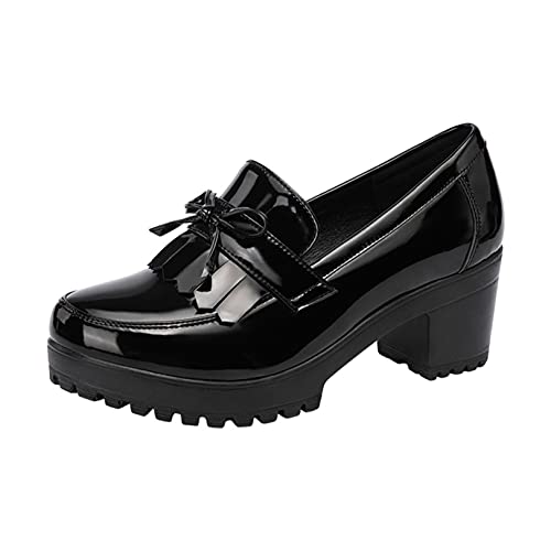 Mocasines para Mujer, Zapatos de Charol con borlas y Lazo Dulce, Punta Redonda, tacón Medio, Zapatos de Cuero Vintage Transpirables Ligeros