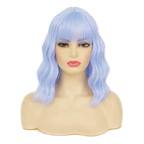 Peluca corta azul Bob pelo ondulado rizado pelucas con flequillo sintético para mujer Cosplay fiesta personalizada de Halloween