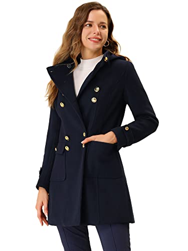 Allegra K Abrigo largo de invierno con capucha y cuello alto para mujer Azul marino XL