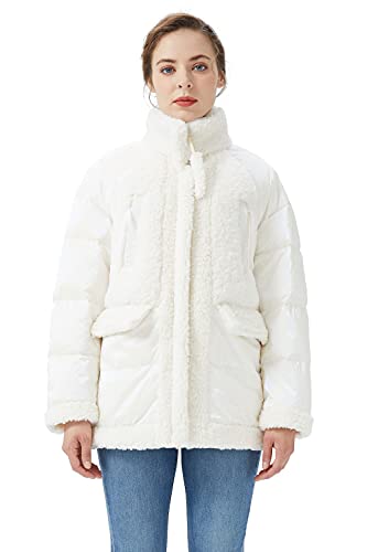 Orolay Abrigo de Plumón Difuso de Lana con Cuello Alto Acogedor de Longitud Media para Mujer Blanco como la nieve S