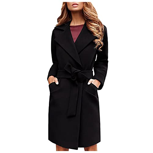 Lalaluka Abrigo de mujer, monocolor, estrecho, de lana, con solapa para cinturón, Negro , L