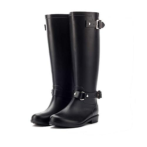 AONEGOLD Botas de Agua Mujer Lluvia Altas Zapato Impermeables Ajustable Cremallera y Hebilla Goma Botas Wellington(Negro 1,39 EU)