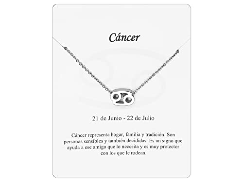 Collar Signo Zodiaco Cancer Acero Inoxidable hermosa Tarjeta Significado Signo Zodiacal Colgante Horóscopo Para mujer o Hombre Regalo Cumpleaños (Cáncer Plateado)