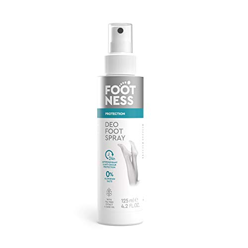FOOTNESS Desodorante en espray para pies con efecto probado antitranspirante de 24 horas. Desodoriza, refresca y asegura una protección eficaz contra la sudoración. No contiene sal de aluminio, 125 ml