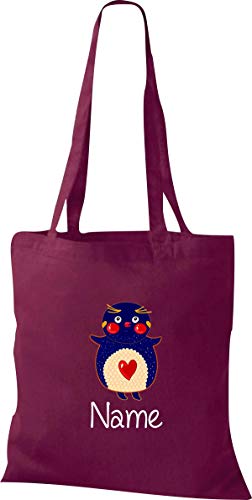Shirtstown Bolsa de tela, con bonitos motivos de pingüino con el nombre que desee, frases, bolsa de yute, bolsa de compras con logotipo, color Rojo, talla 38 cm x 42 cm