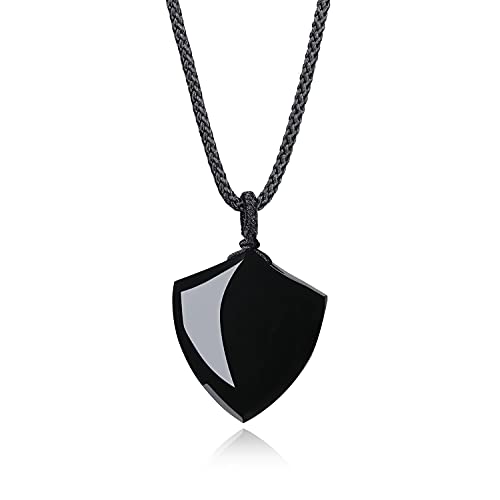 COAI Collar con Colgante Escudo de la Fe de Obsidiana Negra Piedra Natural para Hombre