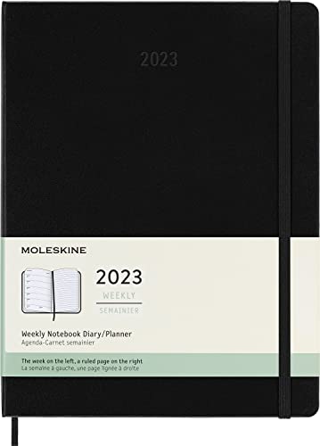 Moleskine Agenda Semanal 2023, Planificador Semanal de 12 Meses, Tapa Dura, Tamaño XL 19 x 25 cm, Color Negro