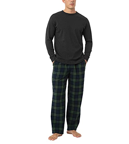 LAPASA Pijama Hombre Invierno 100% Algodón Franela Pantalones a Cuadros Pijama Largo Camiseta y Pantalón de Pijama M79 S Cuadro Gris Oscuro + Verde Oscuro y Azul Marino