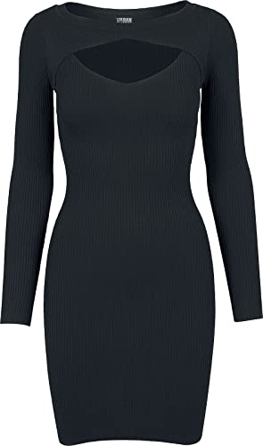 URBAN CLASSICS Vestido Corto de Manga Larga con Escote para Mujer, Acanalado, Elegante Vestido de Cóctel de material de punto, Color: negro, Talla: XL