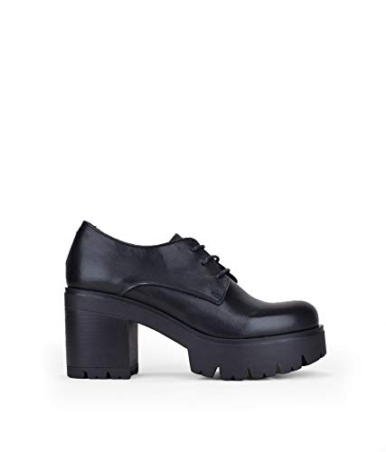BOSANOVA Zapatos Estilo Blucher confeccionado en Piel con Suela Dentada y tacón Ancho. Cierre con Cordones. Calzado para Mujer Negro 38