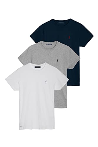 Polo Club Pack de 3 Camisetas básicas Azul Marino, Blanca y Gris vigoré de Manga Corta y Logo Bordado de Hombre