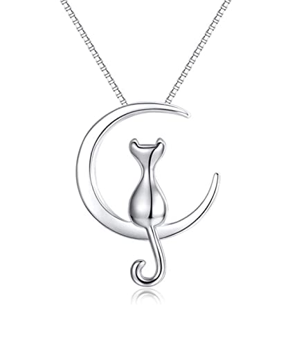 LICHUANUK Collar de plata de ley 925, colgante de gato pequeño en la luna, joyería animal, collar de mujer, joyería de mujer, regalos para mujeres amantes de los gatos