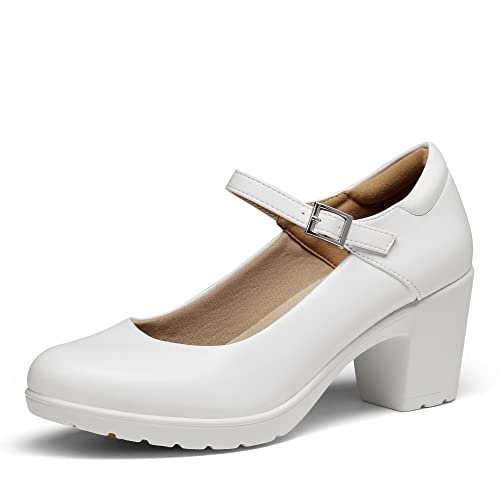 DREAM PAIRS Zapatos de Tacón Alto Clásicos Mujer Zapatillas con Tacón Ancho Zapatos de Salón PU Blanco SDPU2231W-E Talla 36 (EUR)