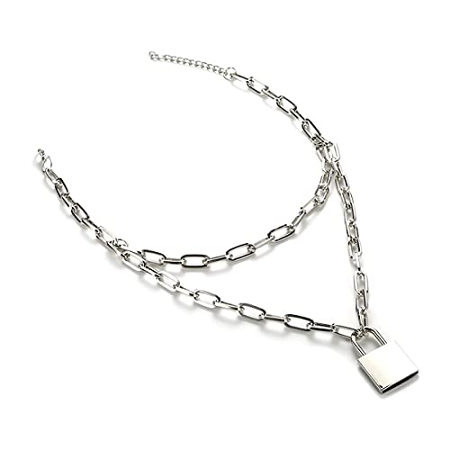 Jrzyhi Collar de plata con colgante de candado, estilo punk, varias capas, cadena larga punk, cadena gruesa con candado, unisex