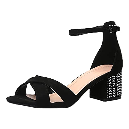 Sandalias de tacón alto para mujer, estilo europeo y americano, sandalias de tacón alto con incrustaciones de diamantes, Black, 39 EU