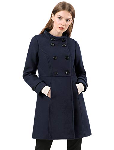 Allegra K Abrigo de invierno con bolsillos inclinados con doble botonadura y cuello alto para mujer Azul M