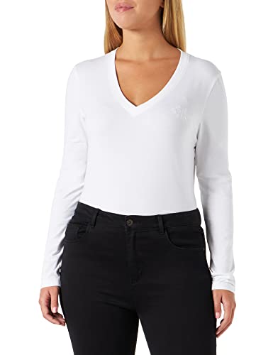 Calvin Klein Monologo Long Sleeves V-Neck tee Top de Punto, Blanco Brillante, XL para Mujer