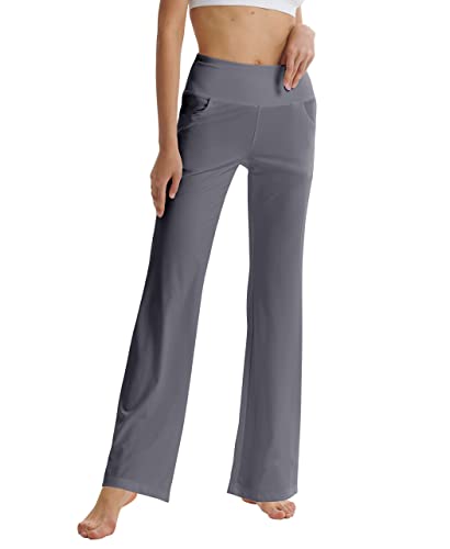 LaiEr Pantalones de yoga para mujer, con bolsillos, cintura alta, acampanados, con bolsillos laterales, gris claro, M
