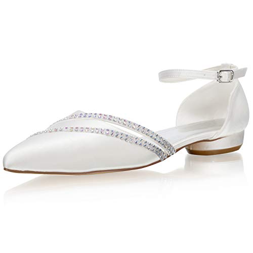 JIAJIA 0822 Zapatos de Novia para Mujer Dedo del pie Cerrado Tacón bajo Diamante de imitación Satín Zapatillas Zapatos de Boda Color Marfil,Tamaño 42