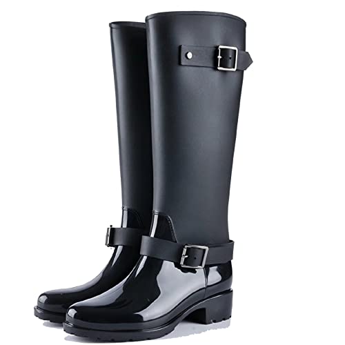 TQGOLD Botas de Agua Mujer Niña Botas de Lluvia Altas Impermeable Goma Wellington Boots Negro Talla 38