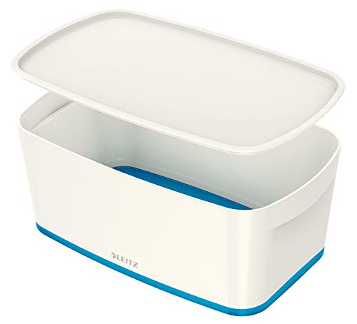 Leitz MyBox Pequeña con tapa, Caja de almacenaje para casa o la oficina, 5 litros, A5, Blanco/Azul metalizado, Plástico brillante, 52291036