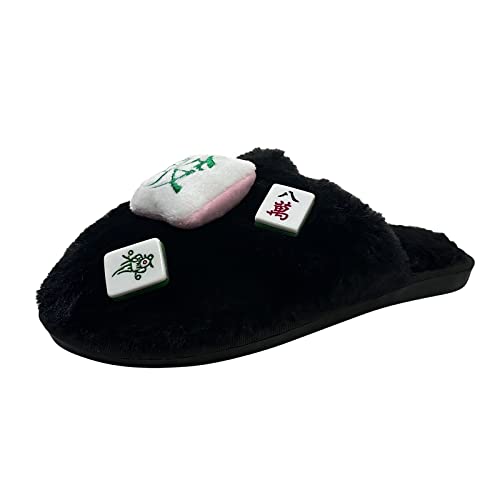 Zapatillas de mujer de moda de dibujos animados mahjong decorado con dedos cerrados planos de algodón casual zapatillas vitales zapatos de mujer 37, Negro , 37 EU