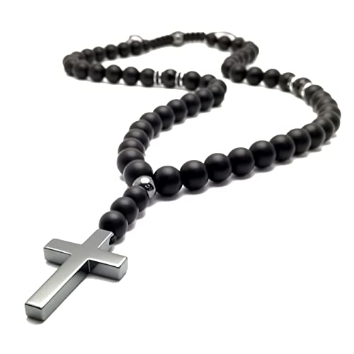 Collar Cruz Hematita negro Ónice Cuentas 10mm piedras semipreciosas Y-Collar rosario hombre mujer damas/ALLA