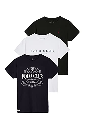 POLO CLUB Pack de Tres Camisetas Blanca, Azul Marino y Negra con Bordado y Print de Hombre