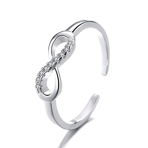 Belons Anillo de plata de ley 925 con símbolo de infinito y circonita cúbica, abierto y ajustable, anillo de lazo para niñas y mujeres, Plata de ley Circonita cúbica, Zirconia cúbica