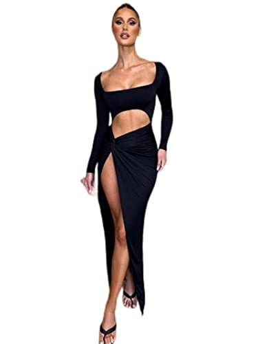 ZHENGYE Elegante vestido de manga larga con abertura de talle alto para mujer, ropa recortada, fruncida, nudo torcido, vestido de fiesta, color negro, S