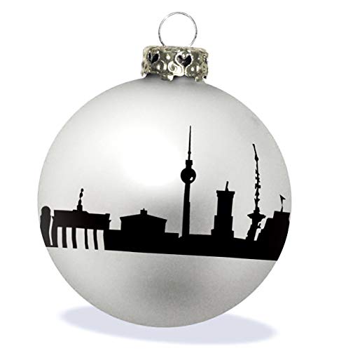 44spaces Berlín - Bola de Navidad de diseño, cristal plateado mate y negro con diseño de paisaje urbano de Berlín, decoración navideña para colgar