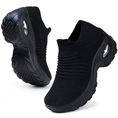 HKR Zapatillas Mujer de Running Walking Zapatos para Antideslizante Ligeras Sin Cordones Trabajo Ortopedicos Calzado Todo Negro 38 EU