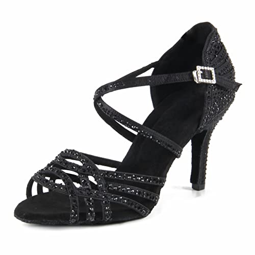 Syrads Zapatos de Baile Latino con Punta Abierta para Mujer Diamantes de imitación Tango salón de Baile Social Zapatos de Baile para Fiesta de Boda,Negro 8.5cm Heel,37 EU