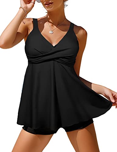 Vancavoo Traje De Baño Mujer Bañador de 2 Piezas Tankinis Swimsuit Flores Impresión Top y Short Conjunto para Mujer Push up Swimwear Beachwear(Negro,XL)