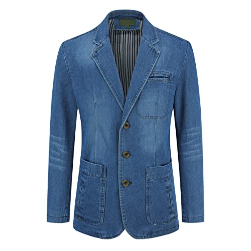 YOUTHUP Chaqueta de mezclilla de ajuste delgado para hombre, chaqueta de traje de 3 botones, chaqueta de varios bolsillos, azul claro, L