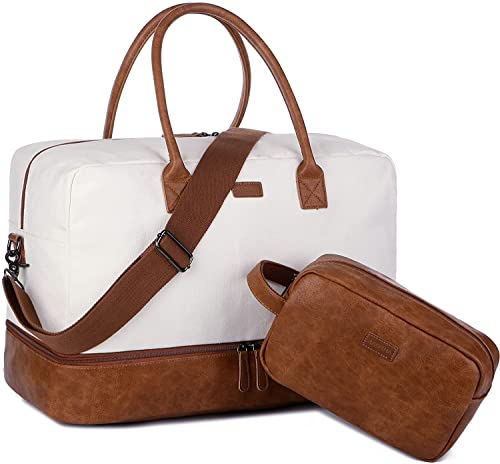 Bolsa de lona para mujer con compartimento para zapatos y bolsa de aseo HB-10, blanco/beige, Vintage