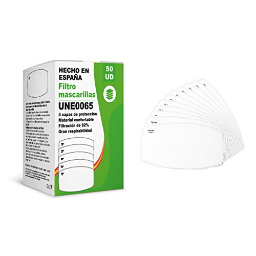 KALLPA® 50 filtros para mascarillas UNE0065 - REUTILIZABLES - fabricados en ESPAÑA - hidrófobo, antiestático y antibacteriano, muy transpirable, (TNT) (tnt)