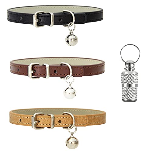 SENDILI Paquete de 3 Collares de Cuero para Gatos - Collares Ajustables con Hebilla de Metal Duradero y Campana Ideal para Cachorros Pequeños Perros y Gatos