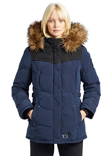 khujo WINSEN4 - Chaqueta de invierno para mujer con capucha desmontable y ribete de piel sintética, color azul oscuro, talla L