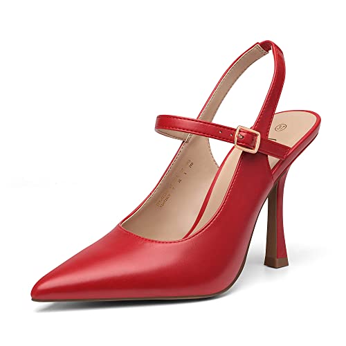 DREAM PAIRS Zapatos de Tacón Zapatos de Salón Clásicos de Punta Afilada con Hebillas y Tiras en la Parte Trasera para Mujer Rojo/PU SDPU2210W-E Talla 38 (EUR)