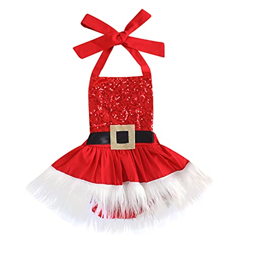 I3CKIZCE - Vestido de Navidad para bebé niña, mono de princesa sin mangas con lentejuelas de peluche, talla alta, color liso de carnaval con cordón regalo, rojo, 9-12 Meses