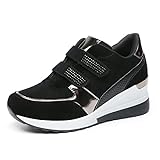 JOMIX Zapatillas Deportivas Mujer Sneakers Plataforma de Cuña Zapatos Casuales con Tacón sin Cordones Caminata Jogging Fitness (Negro, 39)