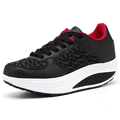 Mujer Zapatillas de Deporte Cuña Zapatos para Caminar Aptitud Plataforma Sneakers con Cordones Calzado de Tacón 4cm Negro EU 41
